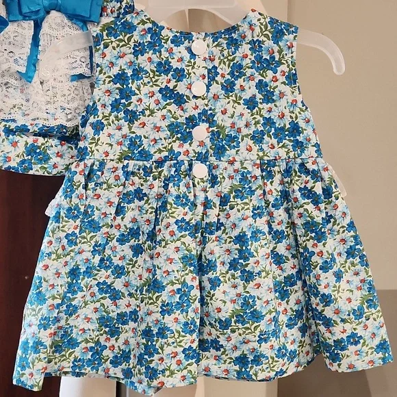 HANDMADE BABY GIRLS 3 PC BLUE, WHITE, ORANGE DRESS OUTFIT SET - Picture 5 of 9